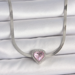 Mey İthalat® 316L Çelik Gümüş Renk İtalyan Zincir Pembe Zirkon Taşlı Kalp Model Kadın Kolye