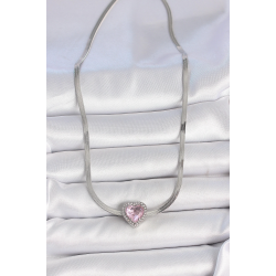 Mey İthalat® 316L Çelik Gümüş Renk İtalyan Zincir Pembe Zirkon Taşlı Kalp Model Kadın Kolye