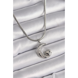 Mey İthalat® 316L Çelik Gümüş Renk İtalyan Zincir Zirkon Taşlı Halil Figür Kalp Detay Kadın Kolye