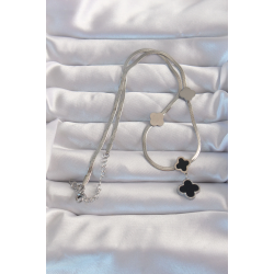 Mey İthalat® 316L Çelik Gümüş Renk İtalyan Zincirli Mineli Yonca Kolye