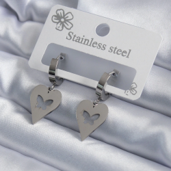 Mey İthalat® 316L Çelik Gümüş Renk Kalp Model Kelebek İşleme Kadın Küpe