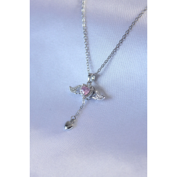 Mey İthalat® 316L Çelik Gümüş Renk Kanatlı Kalp Figür Zirkon Taş Detay Kadın Kolye