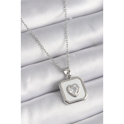 Mey İthalat® 316L Çelik Gümüş Renk Kare Madalyon Kalp Zirkon Taş İşleme Kadın Kolye