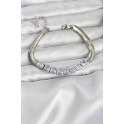 Mey İthalat® 316L Çelik Gümüş Renk Kare Zirkon Taşlı Yılan Zincirli Kadın Bileklik