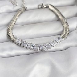 Mey İthalat® 316L Çelik Gümüş Renk Kare Zirkon Taşlı Yılan Zincirli Kadın Bileklik