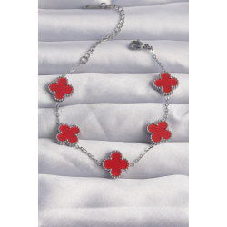 Mey İthalat® 316L Çelik Gümüş Renk Kırmızı Mineli Yonca Bileklik