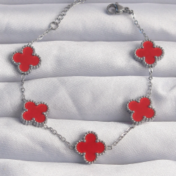 Mey İthalat® 316L Çelik Gümüş Renk Kırmızı Mineli Yonca Bileklik