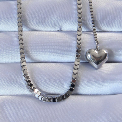 Mey İthalat® 316L Çelik Gümüş Renk Küp Zincirli Kalpli Kolye