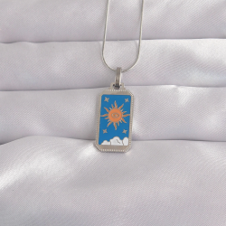 Mey İthalat® 316L Çelik Gümüş Renk Mavi Mineli Güneş Model Tarot Kolye