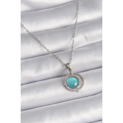 Mey İthalat® 316L Çelik Gümüş Renk Mavi Sedefli Hilal Model Kadın Kolye