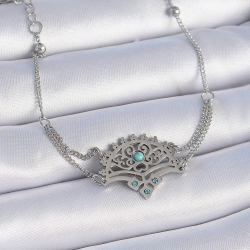 Mey İthalat® 316L Çelik Gümüş Renk Mavi Taşlı Etnik Desen Kadın Bileklik