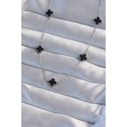 Mey İthalat® 316L Çelik Gümüş Renk Minimal Siyah Mineli Yonca Kolye