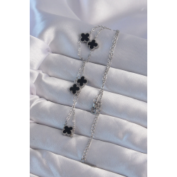 Mey İthalat® 316L Çelik Gümüş Renk Minimal Siyah Mineli Yonca Kolye