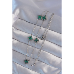 Mey İthalat® 316L Çelik Gümüş Renk Minimal Yeşil Mineli Yonca Kolye