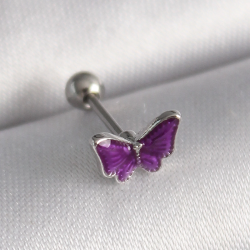 Mey İthalat® 316L Çelik Gümüş Renk Mor Kelebek Model Tragus Piercing