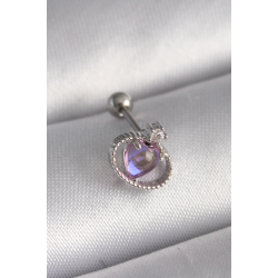 Mey İthalat® 316L Çelik Gümüş Renk Mor Mineli Kalp Zirkon Taş Detay Tragus Piercing