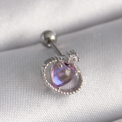 Mey İthalat® 316L Çelik Gümüş Renk Mor Mineli Kalp Zirkon Taş Detay Tragus Piercing