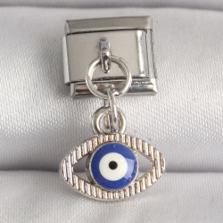 Mey İthalat® 316L Çelik Gümüş Renk Nazar Boncuk Detaylı Göz Model Nomination Charm