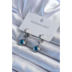 Mey İthalat® 316L Çelik Gümüş Renk Nazar Boncuk Model Kadın Küpe