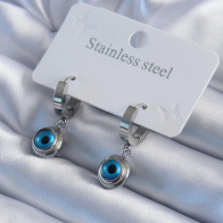 Mey İthalat® 316L Çelik Gümüş Renk Nazar Boncuk Model Kadın Küpe