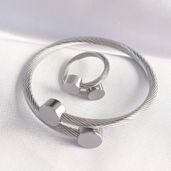 Mey İthalat® 316L Çelik Gümüş Renk Oval Aksesuarlı Burgu Model Bileklik ve Yüzük Kombini