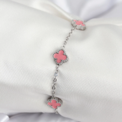 Mey İthalat® 316L Çelik Gümüş Renk Pembe Baby Boy Yonca Kadın Bileklik