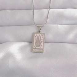 Mey İthalat® 316L Çelik Gümüş Renk Pembe Mineli El Figür Tarot Kolye