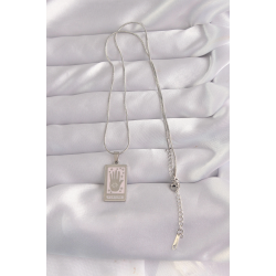 Mey İthalat® 316L Çelik Gümüş Renk Pembe Mineli El Figür Tarot Kolye