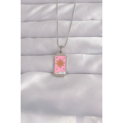 Mey İthalat® 316L Çelik Gümüş Renk Pembe Mineli Güneş Model Tarot Kolye