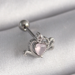 Mey İthalat® 316L Çelik Gümüş Renk Pembe Mineli Kalp Zirkon Taş Detay Tragus Piercing