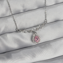 Mey İthalat® 316L Çelik Gümüş Renk Pembe Zirkon Taşlı Damla Kolye