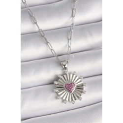 Mey İthalat® 316L Çelik Gümüş Renk Pembe Zirkon Taşlı Kalp İşleme Madalyon Model Kadın Kolye