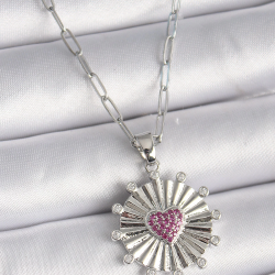 Mey İthalat® 316L Çelik Gümüş Renk Pembe Zirkon Taşlı Kalp İşleme Madalyon Model Kadın Kolye