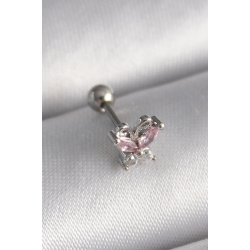 Mey İthalat® 316L Çelik Gümüş Renk Pembe Zirkon Taşlı Kelebek Tragus Piercing