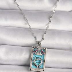 Mey İthalat® 316L Çelik Gümüş Renk Pembe Zirkon Taşlı Taç Kalp Portre Model Kadın Kole