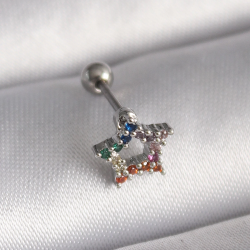 Mey İthalat® 316L Çelik Gümüş Renk Renkli Zirkon Taşlı Yıldız Model Tragus Piercing