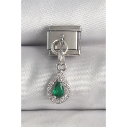 Mey İthalat® 316L Çelik Gümüş Renk Sallantı Yeşil Zirkon Taşlı Damla Model Nomination Charm