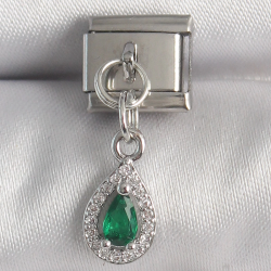 Mey İthalat® 316L Çelik Gümüş Renk Sallantı Yeşil Zirkon Taşlı Damla Model Nomination Charm