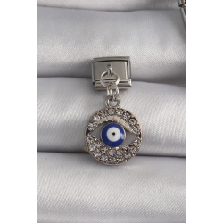 Mey İthalat® 316L Çelik Gümüş Renk Sallantı Zirkon Taşlı Göz Model Nazar Boncuk Detay Nomination Charm