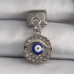 Mey İthalat® 316L Çelik Gümüş Renk Sallantı Zirkon Taşlı Göz Model Nazar Boncuk Detay Nomination Charm