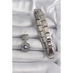 Mey İthalat® 316L Çelik Gümüş Renk Sallantı Zirkon Taşlı Göz Model Nazar Boncuk Detay Nomination Charm