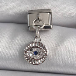 Mey İthalat® 316L Çelik Gümüş Renk Sallantı Zirkon Taşlı Göz Model Nomination Charm