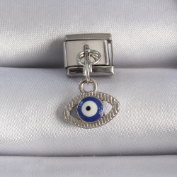 Mey İthalat® 316L Çelik Gümüş Renk Sallantılı Göz Figür Nazar Boncuk Detay Nomination Charm