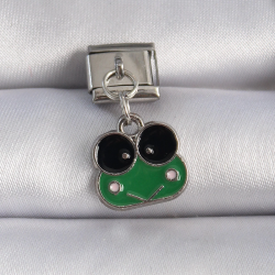 Mey İthalat® 316L Çelik Gümüş Renk Sallantılı Yeşil Kurbağa Figür Nomination Charm