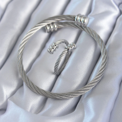 Mey İthalat® 316L Çelik Gümüş Renk Sarmal Model Erkek Bileklik Yüzük Kombini