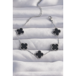 Mey İthalat® 316L Çelik Gümüş Renk Siyah Mineli Yonca Bileklik