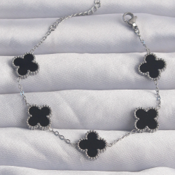 Mey İthalat® 316L Çelik Gümüş Renk Siyah Mineli Yonca Bileklik