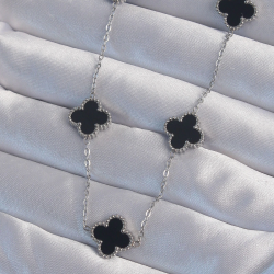 Mey İthalat® 316L Çelik Gümüş Renk Siyah Mineli Yonca Kolye