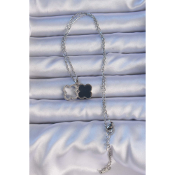 Mey İthalat® 316L Çelik Gümüş Renk Siyah Mineli Zirkon Taşlı Yonca Figürlü Kolye