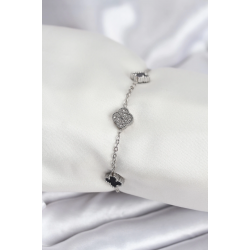 Mey İthalat® 316L Çelik Gümüş Renk Siyah ve Zirkon Taşlı Baby Boy Yonca Kadın Bileklik